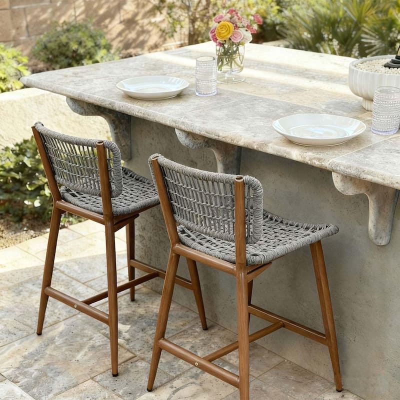 PURPLE LEAF Bar Stools Set of 2 Patio Wicker Bar Height Metal Chairs Boho High Barstools with Back for Garden Outdoor