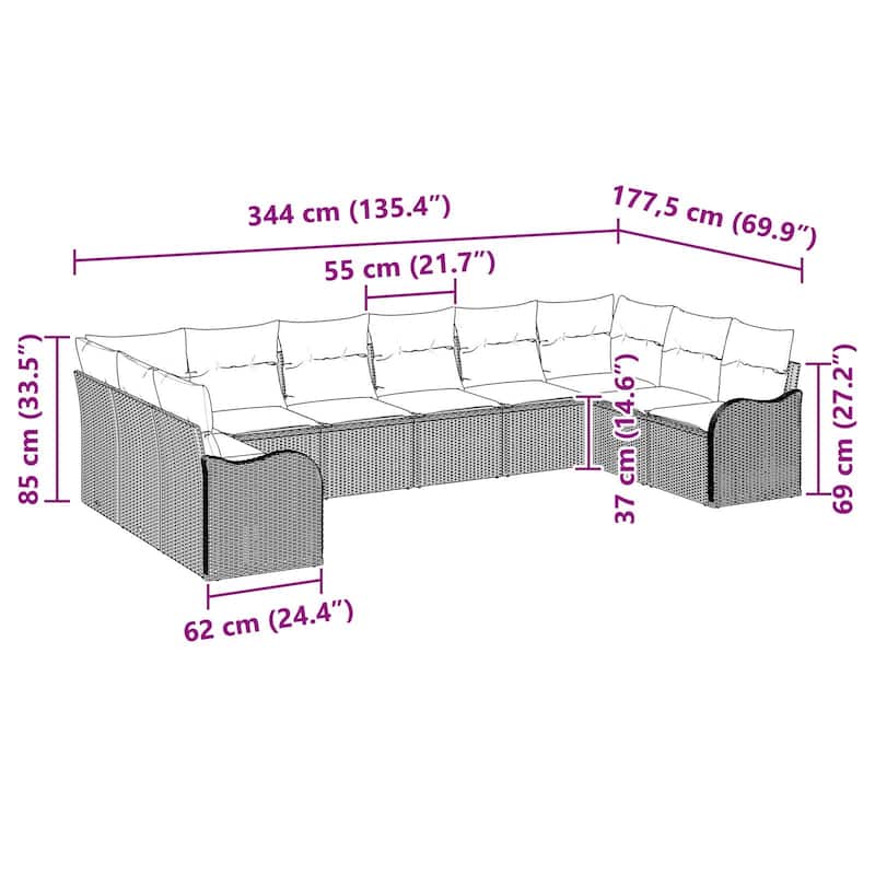 vidaXL 10/11 Garden Sofa Set with Cushions Black/Brown/Grey Poly Rattan - 135.4 x 69.9 x 27.2