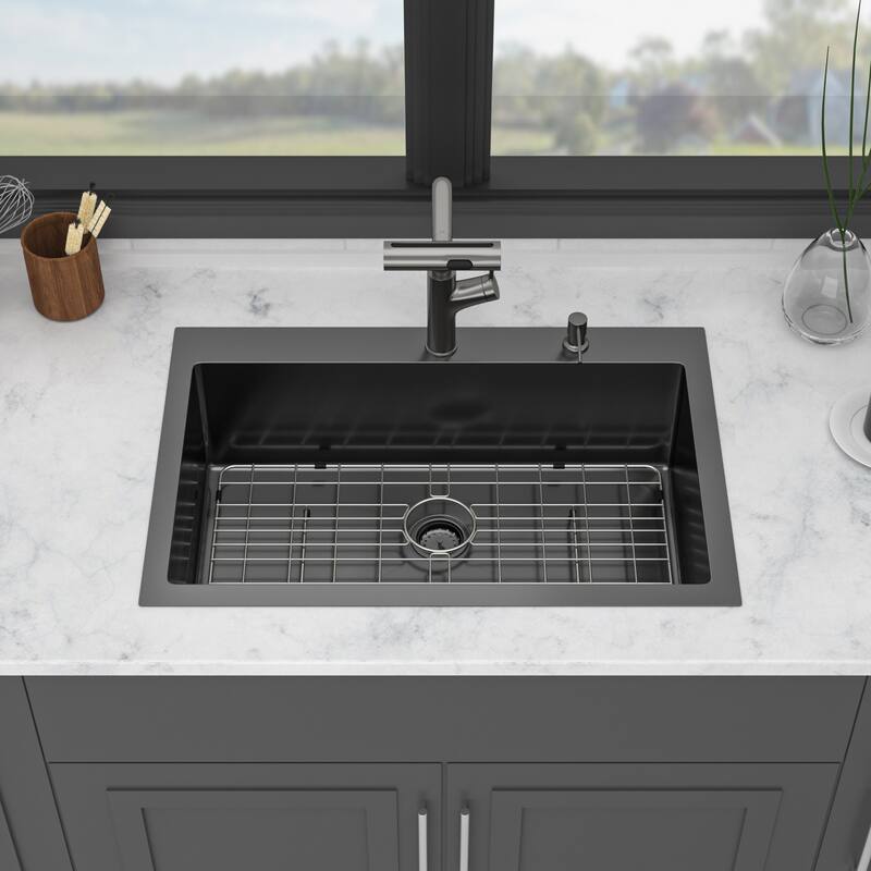 30" Drop-in 16 Gauge Single Bowl Stainless Steel Kitchen Sink in Gunmetal Black - 30'' x 22'' x 10'' - Gunmetal Black - 30'' x 22'' x 10''