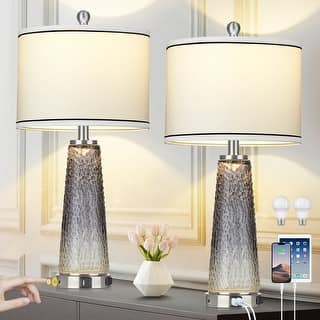 Set of 2 White and Gold Table Lamps with Built-in Nightlight, USB Ports, and AC Outlet - 12'' x 12'' x 26'' (L x W x H)