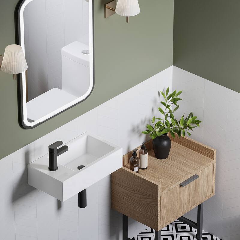 HOROW Left-Handed White Ceramic Wall-Mounted Rectangular Vessel Sink in Porcelain - N/A - White