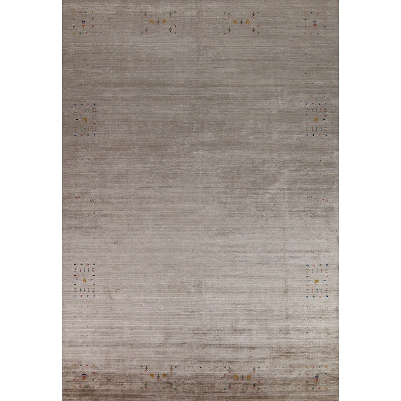 Light Brown Gabbeh Oriental Area Rug Hand-Knotted Silk Carpet - 8'11" x 11'10"