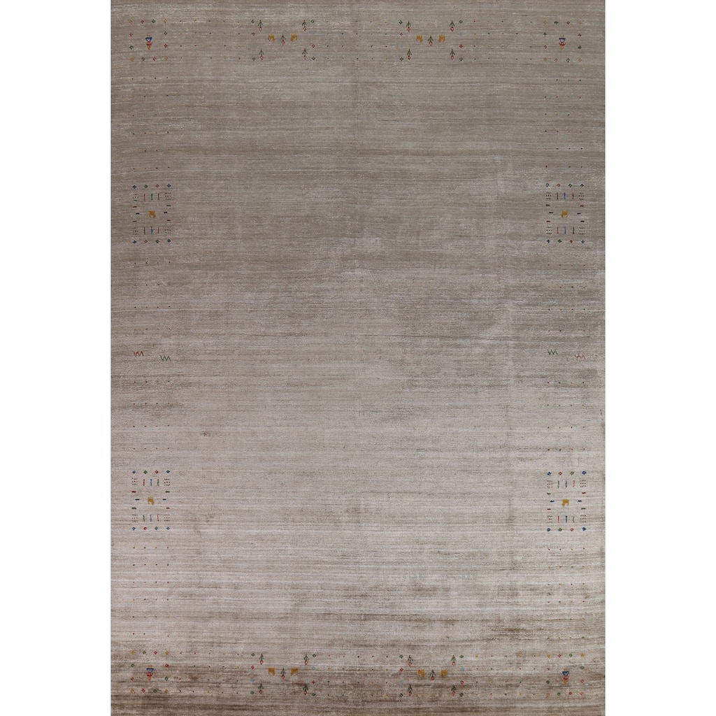 Light Brown Gabbeh Oriental Area Rug Hand-Knotted Silk Carpet - 8'11" x 11'10"