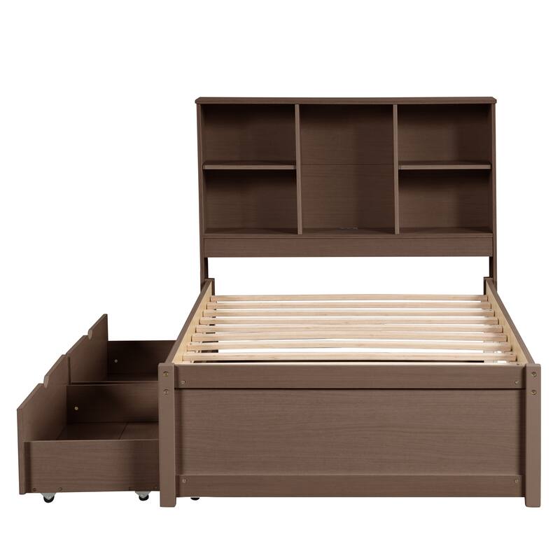 Modern Twin Size bed Frame With Built-in USB Port on Bookcase Headboard and 2 Drawers for Walnut Color