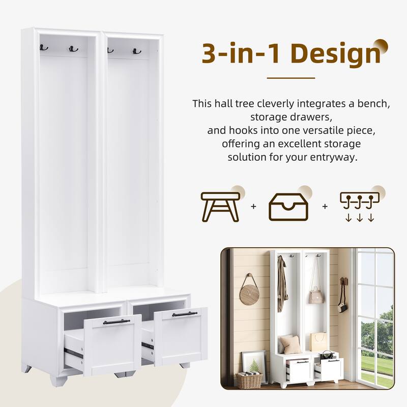Modern Freestanding Coat Rack Set, Multi-Functional 3-in-1 Coat Rack with Bench, 2 Drawers and Hooks, for Hallways