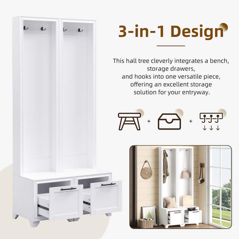 Set of 2 Free-Standing Hall Trees, 3-in-1 Entryway Coat Rack with Bench & Storage Drawers, Black Retro Handles