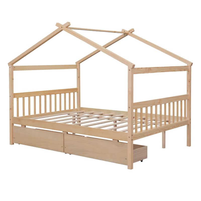 Full Size Wooden House Bed with Drawers, Gray
