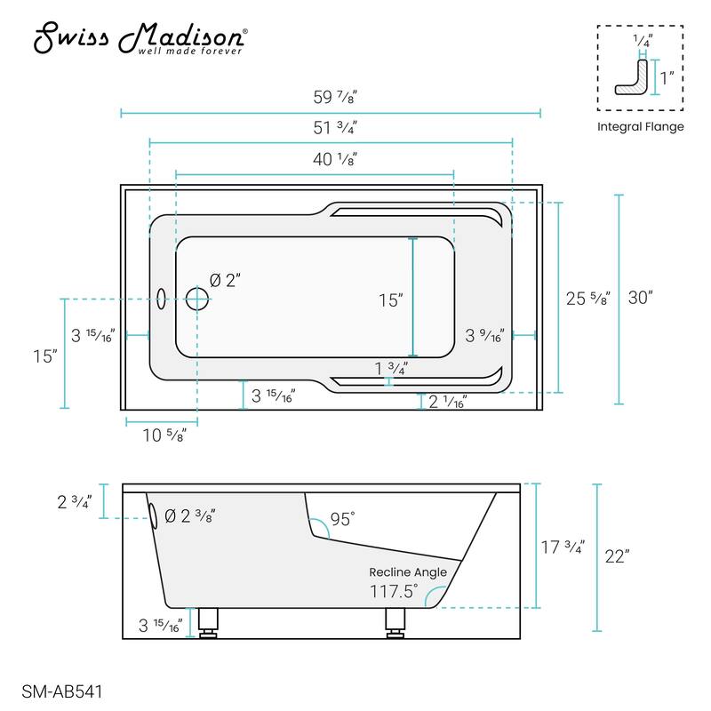 Swiss Madison Voltaire, Acrylic White, Alcove, Integral Armrest, Bathtub with Apron