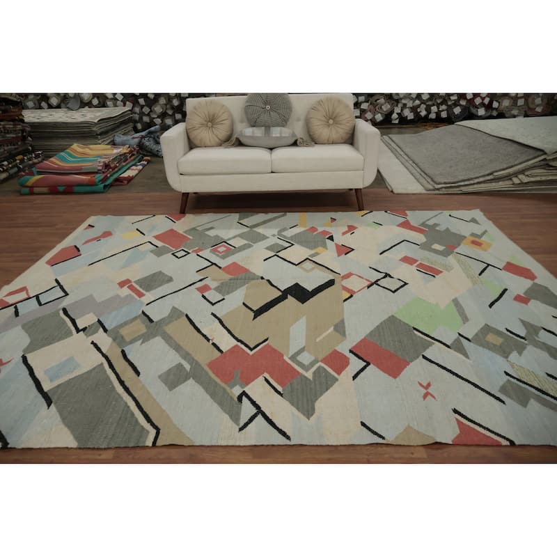 Hand Woven Oriental 100% Wool Carpet Southwestern Modern Greys & Charcoal Kilim Area Rug - 10' 0'' X 8' 0''