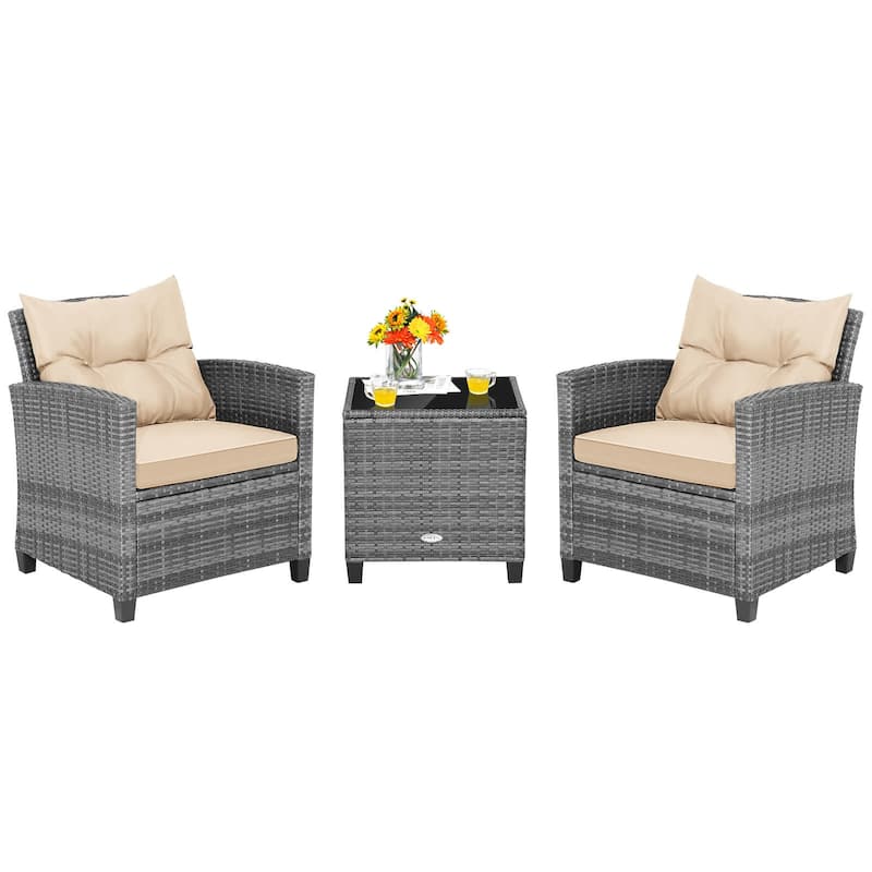 Costway 3PCS Patio Rattan Furniture Bistro Set Cushioned Sofas Side - See Details