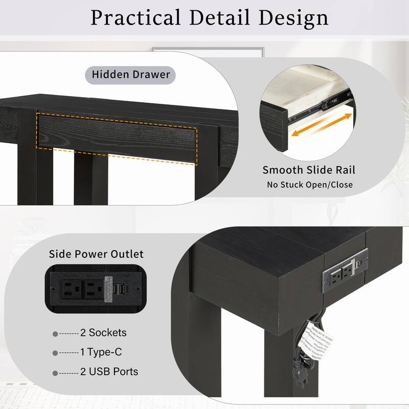 Modern 47.2" Wooden Console Table with Hidden Drawer and Side Power Outlet for Entryway or Living Room