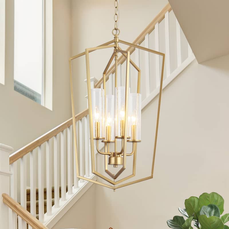 Mid-Century Modern 4-Light Gold Geometric Chandelier Glass Pendant Lights for Dining Room - 16.5" D x 27" H