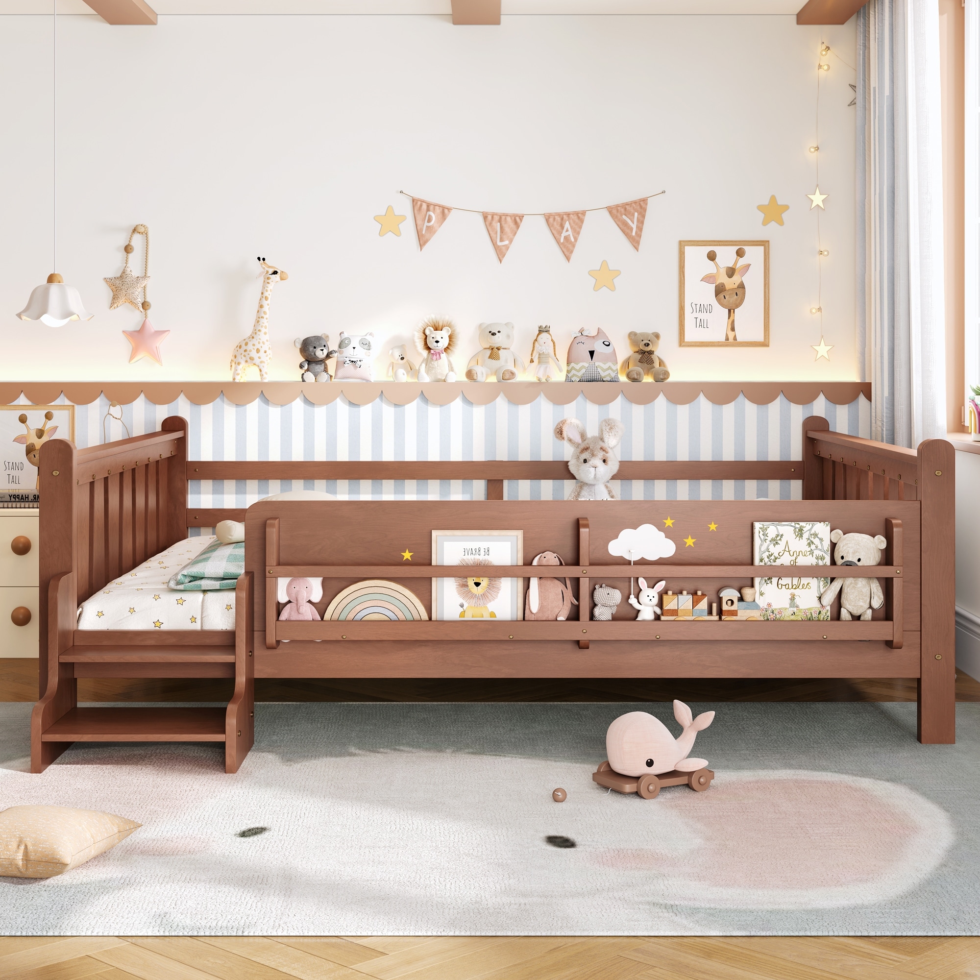 Roomfitters Queen Wood Floor Bed, Storage Bookcase & 2-Step Safety Stairs, Kids Platform Bed & Guardrails