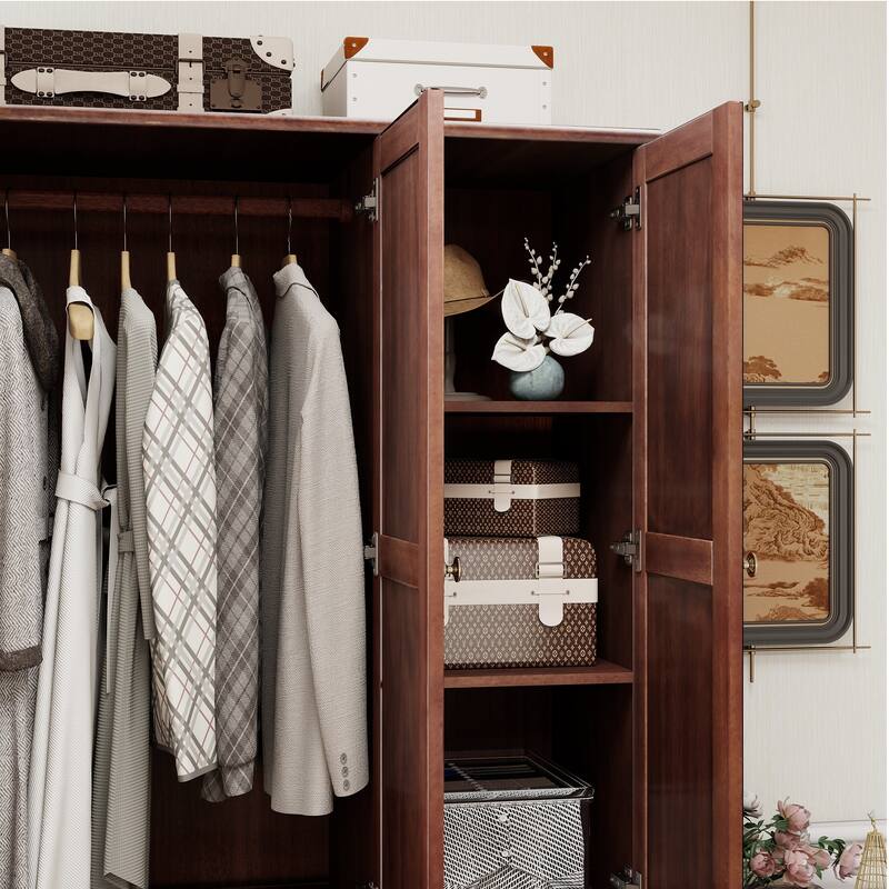 100% Solid Wood Walnut Armoire Wardrobe Closet with Drawers and Hanging Rod, Farmhouse Style Wardrobe Closet with 3 Doors