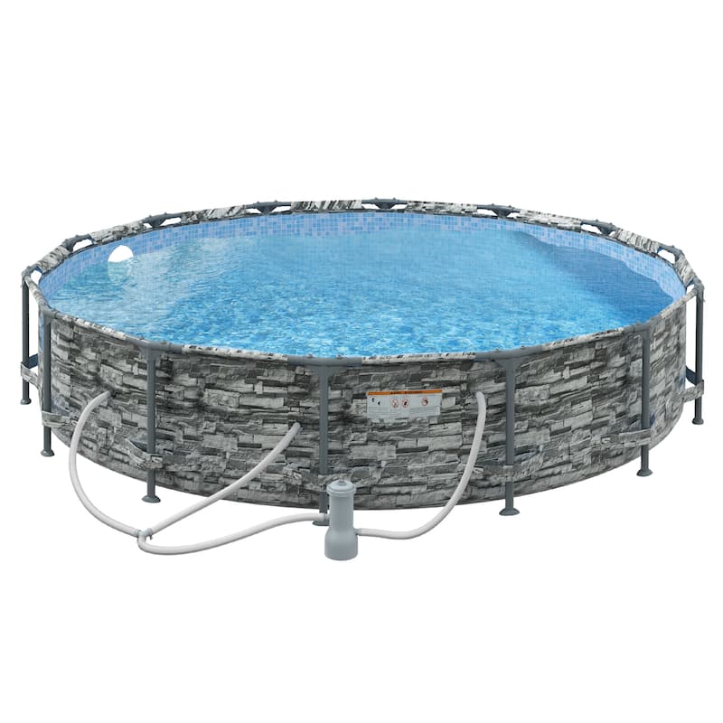 Outsunny 14' x 33" Round Above Ground Swimming Pool, Steel Frame Pool with Cartridge Filter Pump and Repair Patch, Gray Brick