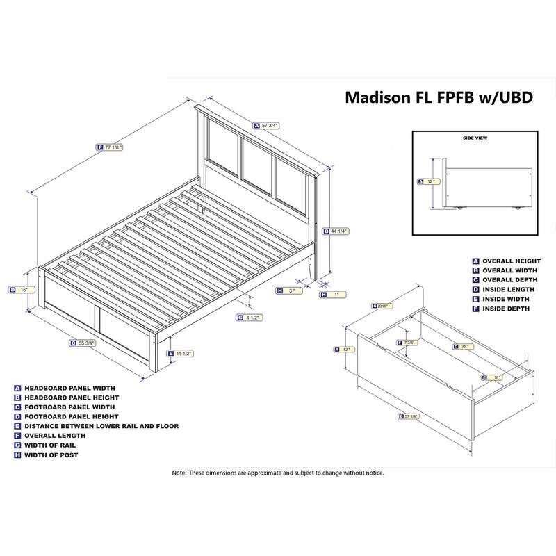 Madison Full Platform Bed with Footboard and 2 Drawers in White