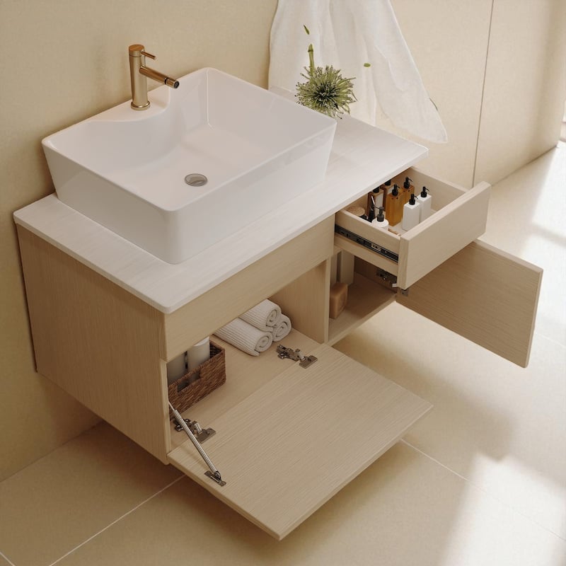 31.5" Floating Bathroom Vanity with Vessel Ceramic Sink Soft Close Drawer and Cabinet Storage