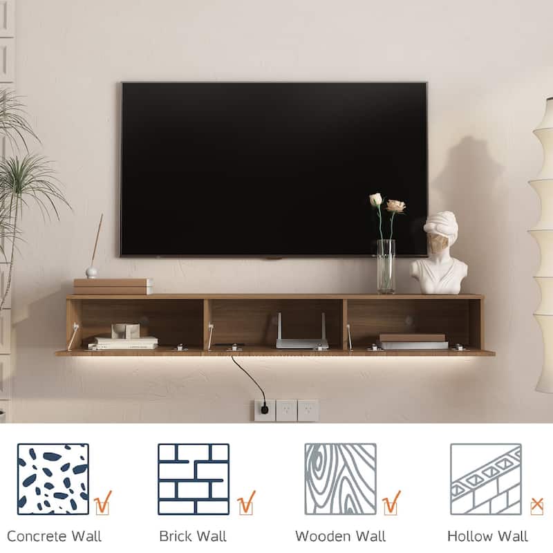 65" Floating TV Stand Wall Mounted with 16 Color LED Lights, Modern TV Cabinet for 55-65 Inch TVs