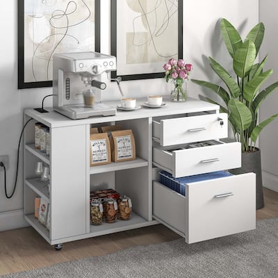 Wood File Cabinet with Charging Station Mobile Lateral Filing Cabinet Lockable Fits A4 Letter Legal Size Files