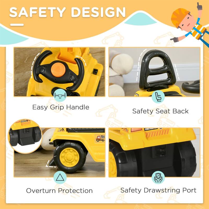 Yellow 2 in 1 Ride on Excavator Digger and Pull Cart with Storage and Horn for Toddlers 18 to 48 Months