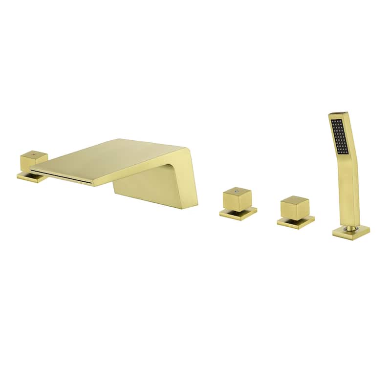 Deck Mount Waterfall Tub Faucet With Hand Shower Brass Roman Bathtub Faucet Modern Tub Filler With Handheld Showe - Brushed Gold