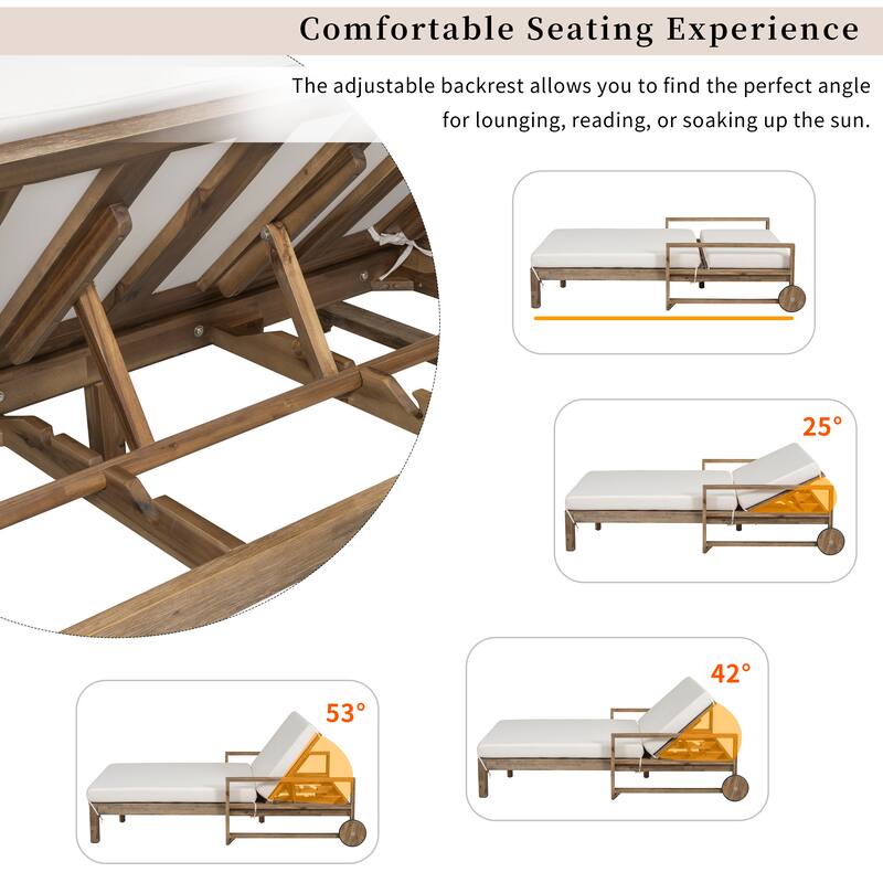 Beige Farmhouse Acacia Wood Sunbed with Adjustable Backrest