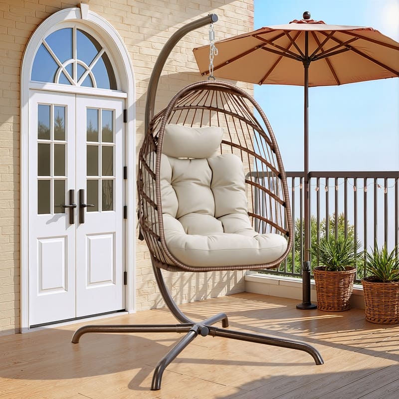 Oversized Wicker Hanging Egg Chair with Stand, Outdoor Indoor Swing Chair with Cushion, 350 lb Capacity