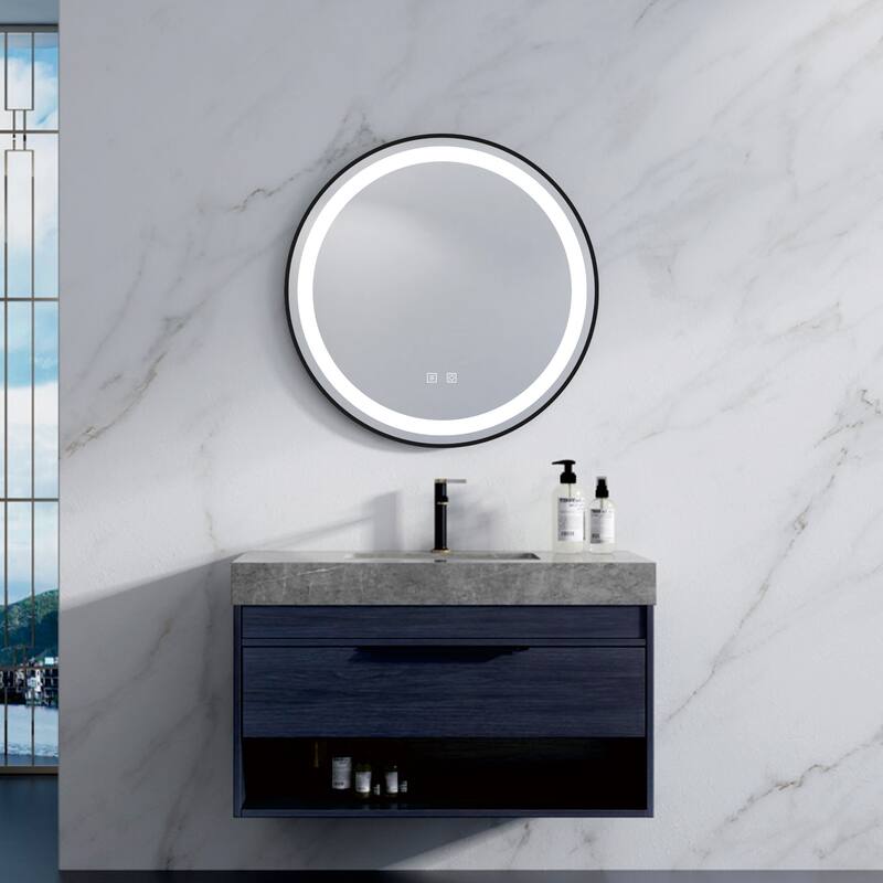 Black Framed 3 Color LED Mirror with Defogger Wall Bath Vanity Mirror - 24x24
