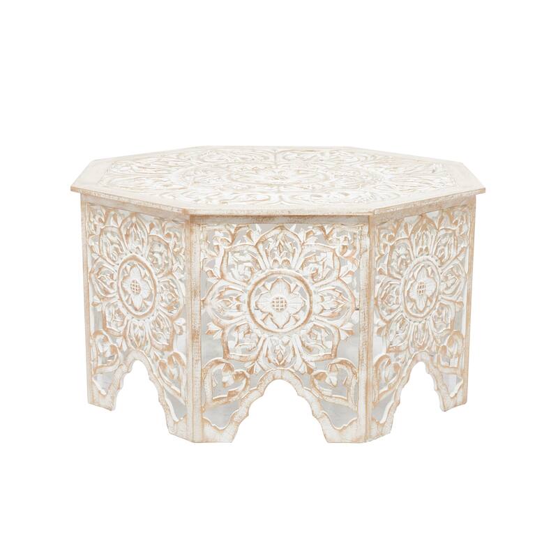 Wooden Floral Handmade Intricately Carved Coffee Table with Hollow Interior - Light Gray or Cream - Roche River Decor
