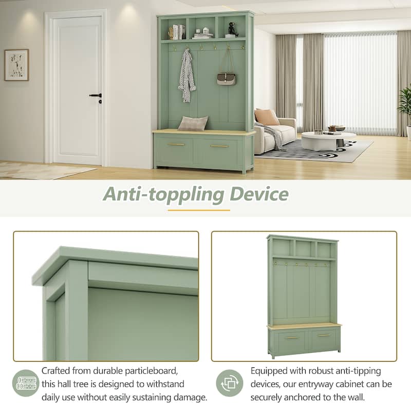 4-in-1 Hall Tree with 6 Golden Hooks Wooden Bench 2 Drawers for Entryway