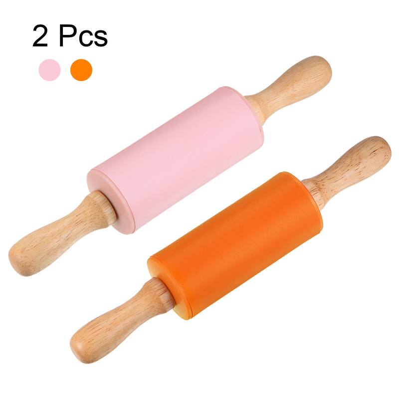 Silicone Rolling Pins for Baking Wood Handle 23.5cm x 4.2cm Orange & Pink - Orange & Pink