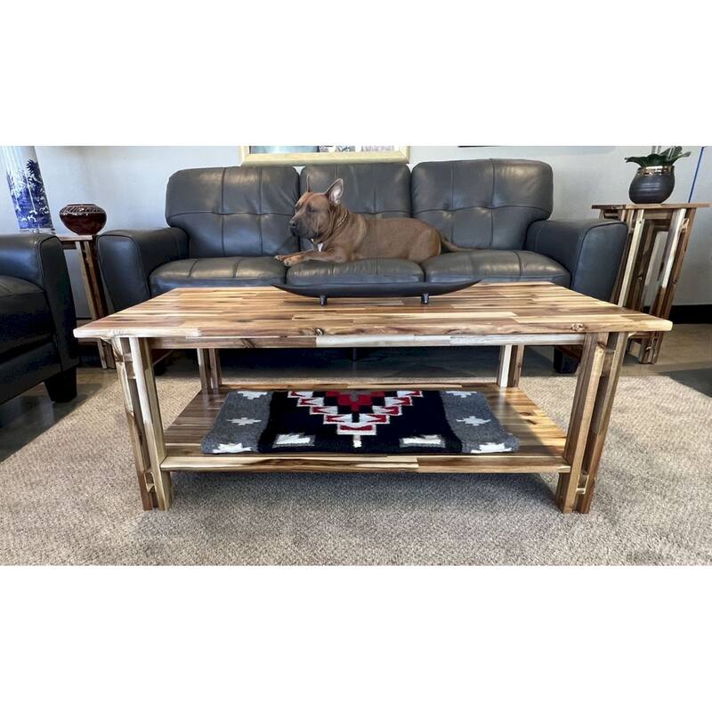 Acacia Wood Architectural Coffee Table with Shelf - Natural