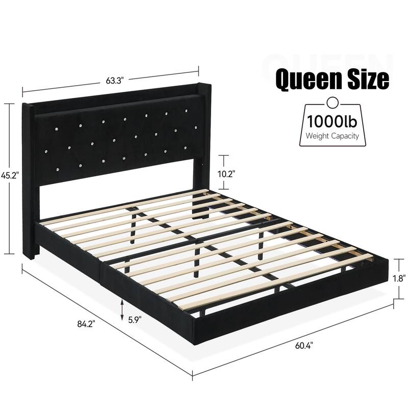 Floating Velvet Upholstered Bed Frame with LED Lights