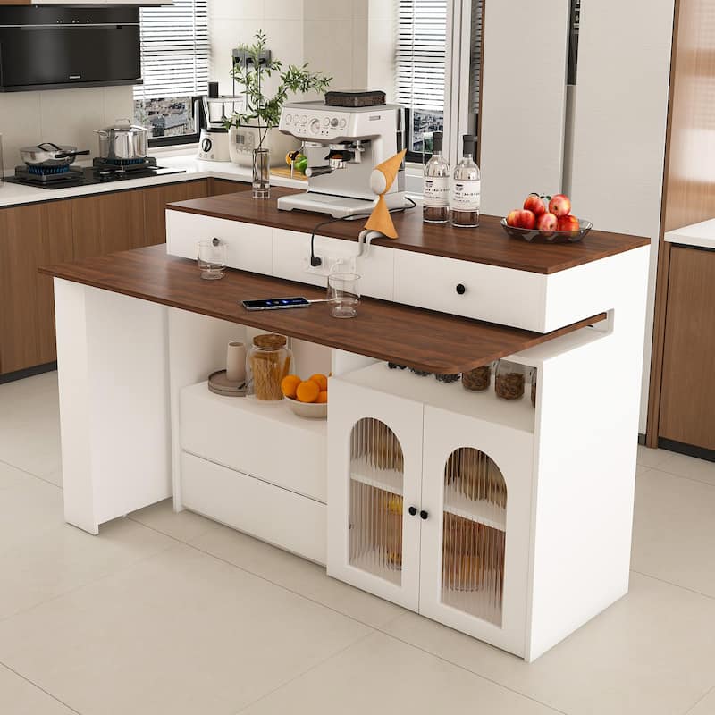 Anmytek Expandable Kitchen Island with Dining Table and Charging Station 3 Mode Multifunctional Rolling Cart
