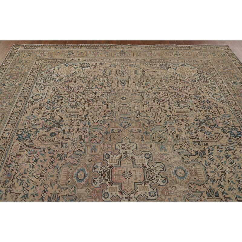 Geometric Tabriz Distressed Persian Vintage Rug Handmade Wool Carpet - 7'10" x 10'9"