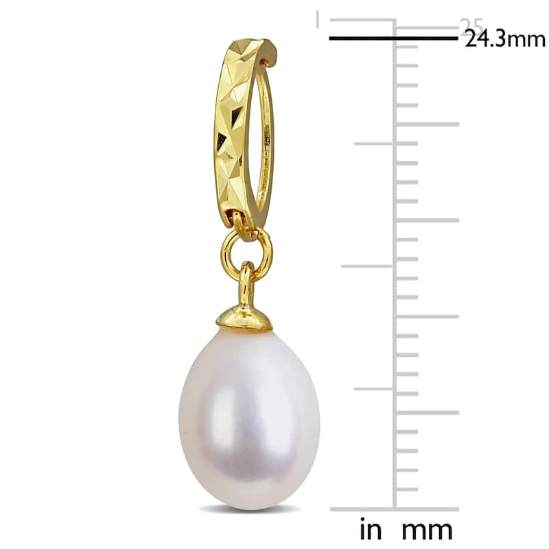 Miadora 7-8mm Cultured Freshwater Pearl Huggie Drop Earrings Yellow Plated Sterling Silver