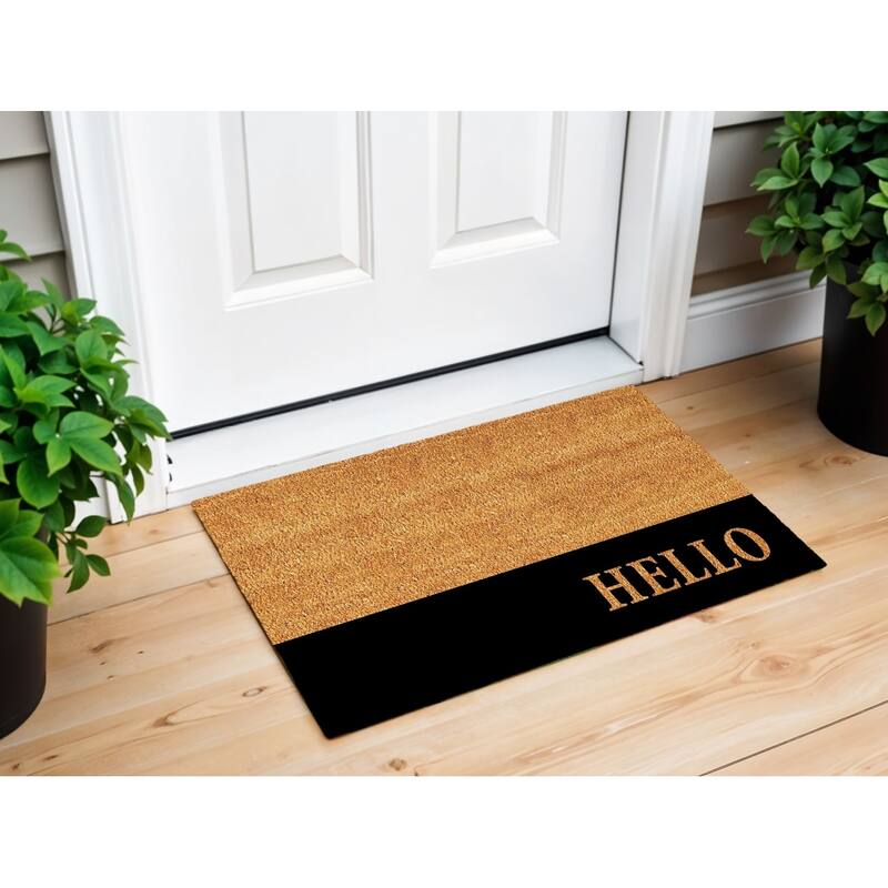 HomeRoots 24" X 36" Natural And Black Color Block Hello Outdoor Coir Door Mat - 24' X '36 - 24' X '36