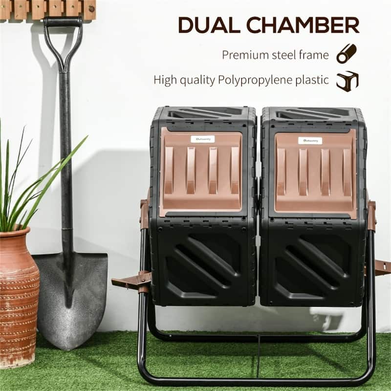 Two-Chamber Tumbling Compost Bin with 360 Rotation Design - 26.5" L x 23.5" W x 30.25" H