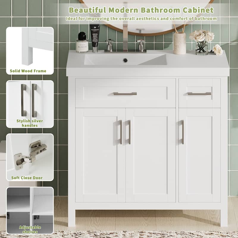 36" Black Bathroom Vanity Cabinet with Resin Integrated Sink - 2 Drawers, 3 Doors
