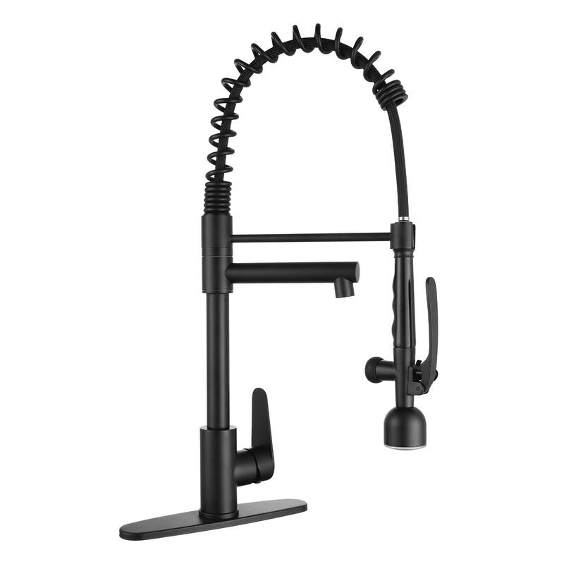 Commercial Stainless Steel Single Handle Kitchen Spring Sink Faucet with LED Pull Down Sprayer & Deck Plate - Matte Black