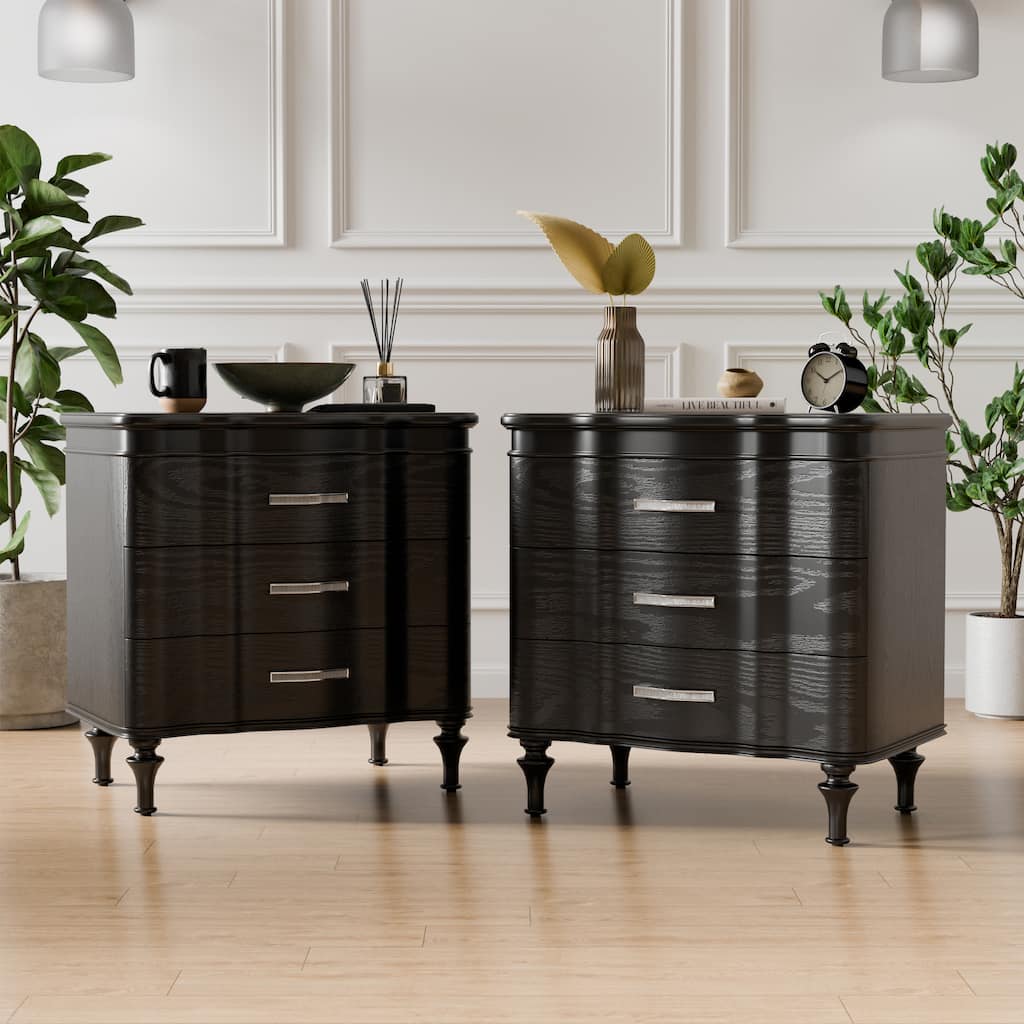Furniture of America Seabliss Glam Black Solid Wood 3-Drawer Nightstand (Set of 2)