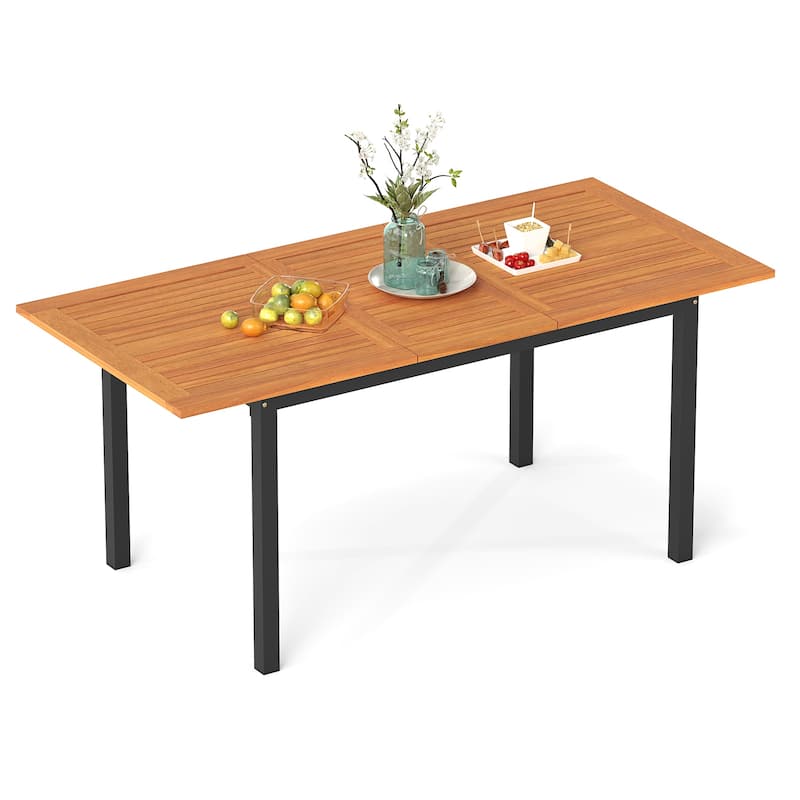 Expandable Acacia Wood Outdoor Dining Table with Metal Frame and Umbrella Hole for 4-8 Person - 51"-64" x 31.5" x 29"
