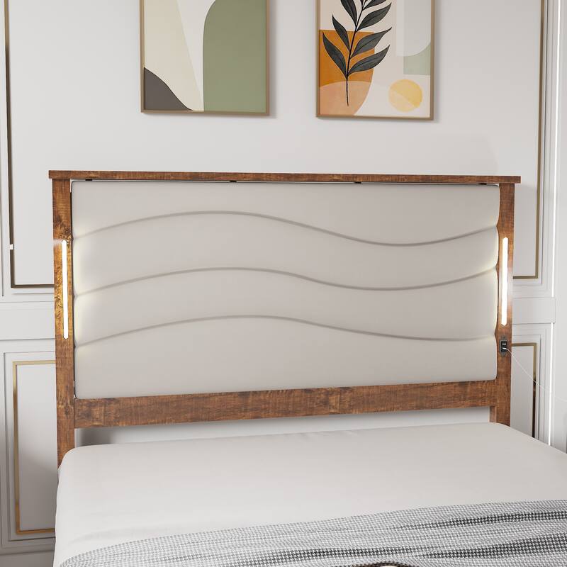 Queen Size Bed Frame with Upholstered Headboard, Charging Station, LED Lights, Wood Slats, No Box Spring Needed, Easy Assembly