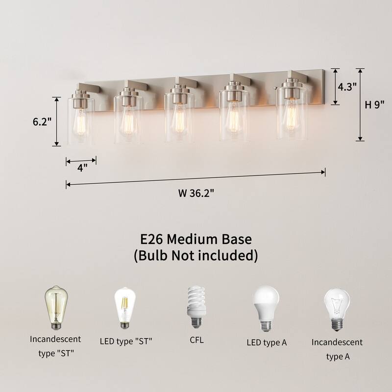 KAWOTI 5-Light Bathroom Vanity Light with Clear Glass Shade