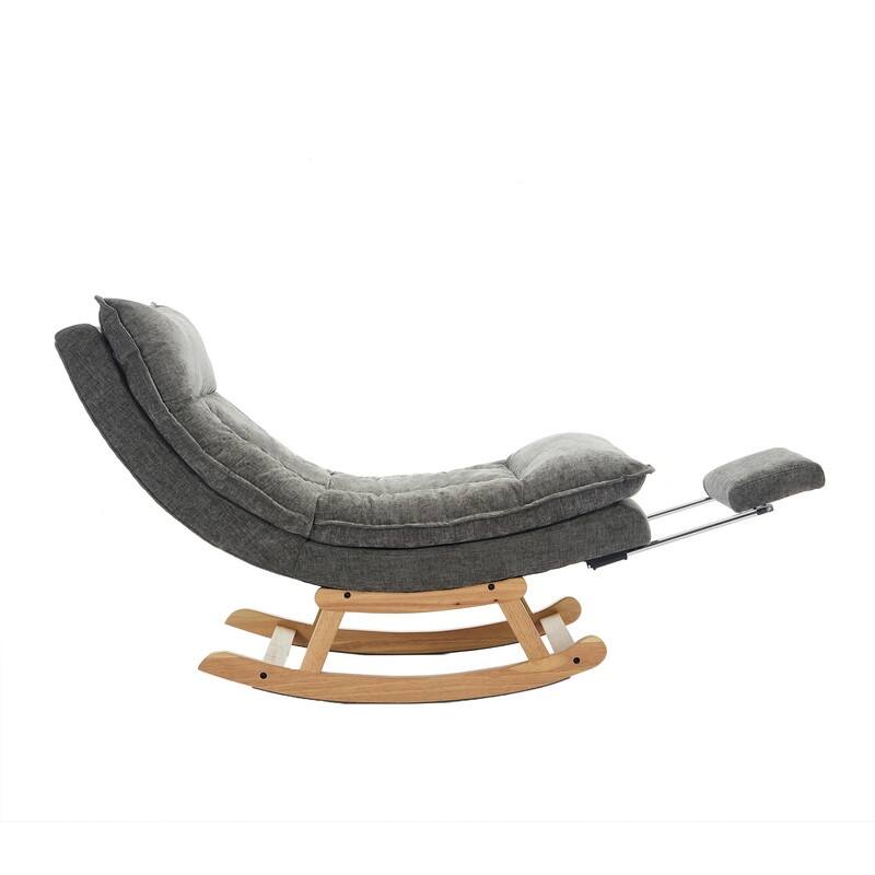 Fabric Upholstered Rocking Chair with Solid Wood Base and Hidden Footrest – Ergonomic Dual-Cushion Design