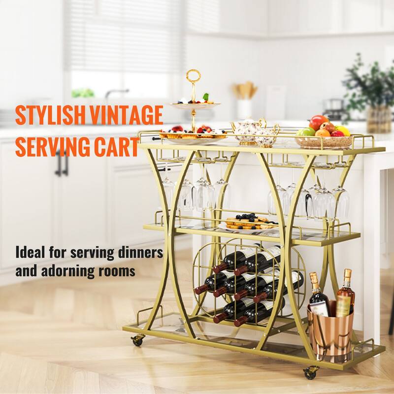 3 Tiers Gold Metal Bar Serving Cart with Wine Rack Glass Holder 180 LBS - Multi