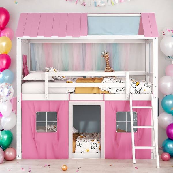 slide 2 of 11, Twin Size Bunk Wood House Bed with Elegant Windows, Sills and Tent Pink