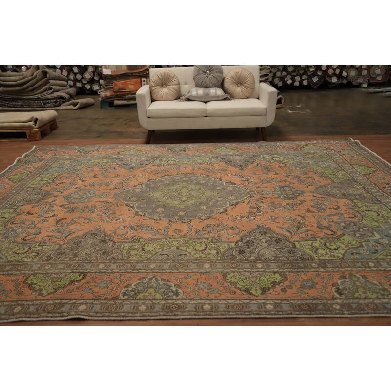 Hand Knotted Oriental 100% Wool Carpet Traditional Floral Oranges & Rust Tabriz Area Rug - 12' 7'' X 10' 1''