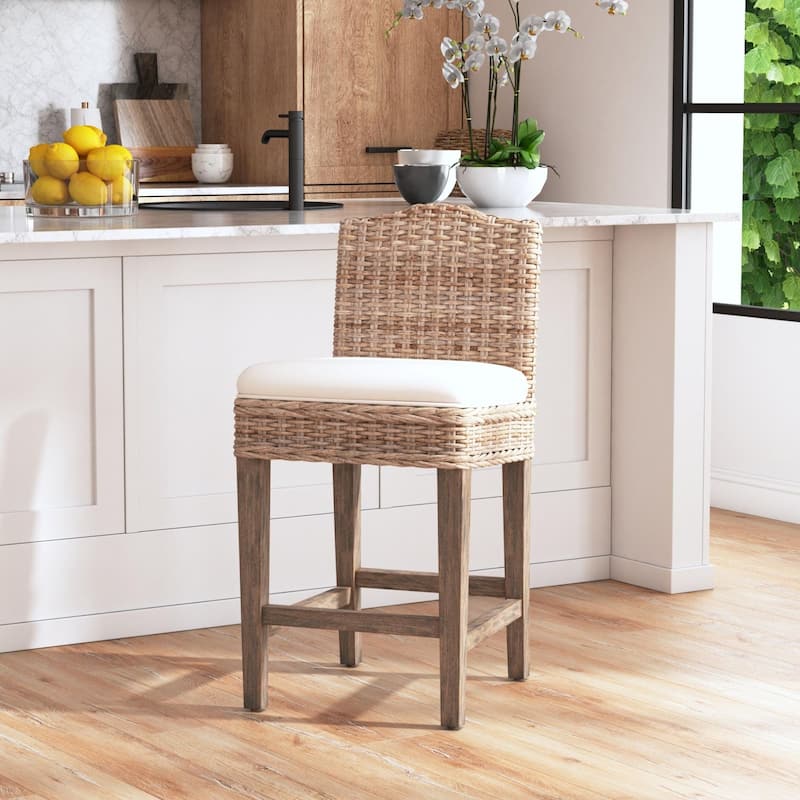 Duvall Grey Washed Rattan Cushioned Stool by East at Main - Counter Height