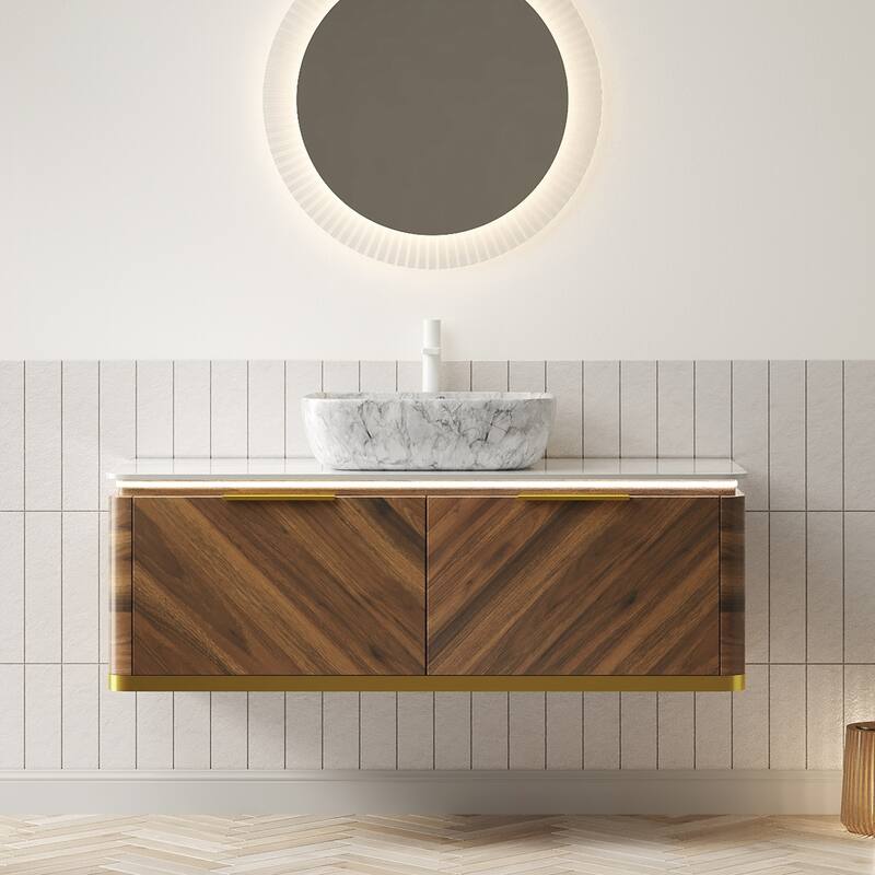 48" Bathroom Vanity with Vessel Sink Floating Storage Cabinet with Sensor Light and 2 Drawers, Pre-assembled - Dark Walnut-Square